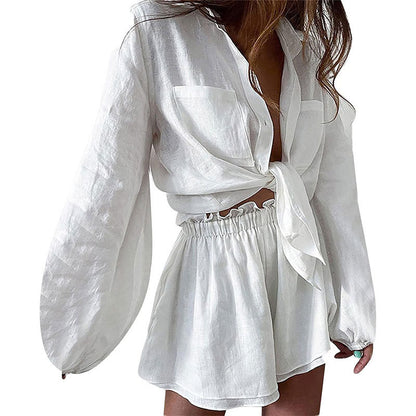 2026 Amazon European and American Cross-border Women's Casual Solid Color Ruffled Shorts Shirt Fashion Set Women's Two-Piece Set