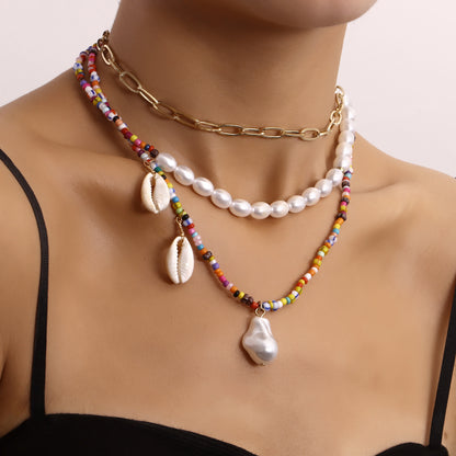 European and American cross-border jewelry bohemian multi-layer trend color rice beads special-shaped pearl shell pendant necklace women