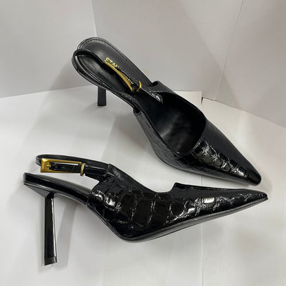 WO Huizhou City European and American Baotou back air sandals with buckles Yujie pointed toe thin heel patent leather slimming super high heel