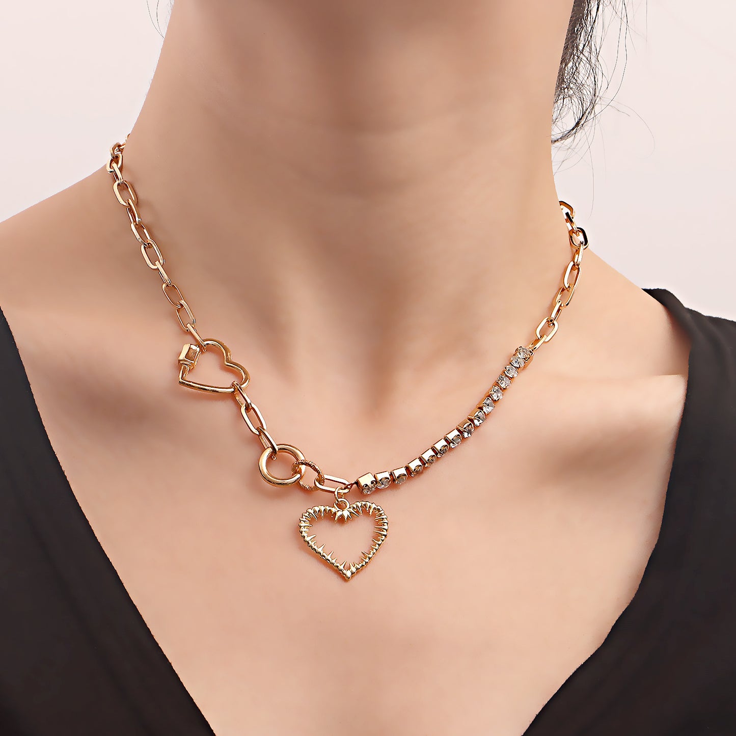 European and American cross-border jewelry, hip-hop geometric sweet and cool love single-layer necklace, personalized claw diamonds, mixed and matched fashion necklaces