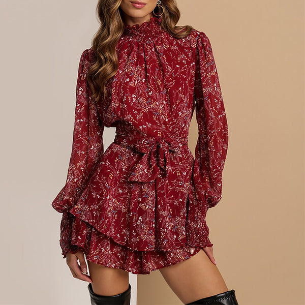 2026 Spring New European and American Cross-border Women's Fashion Temperament Floral Cinched Waist Lace-up Pleated Ruffle Dress