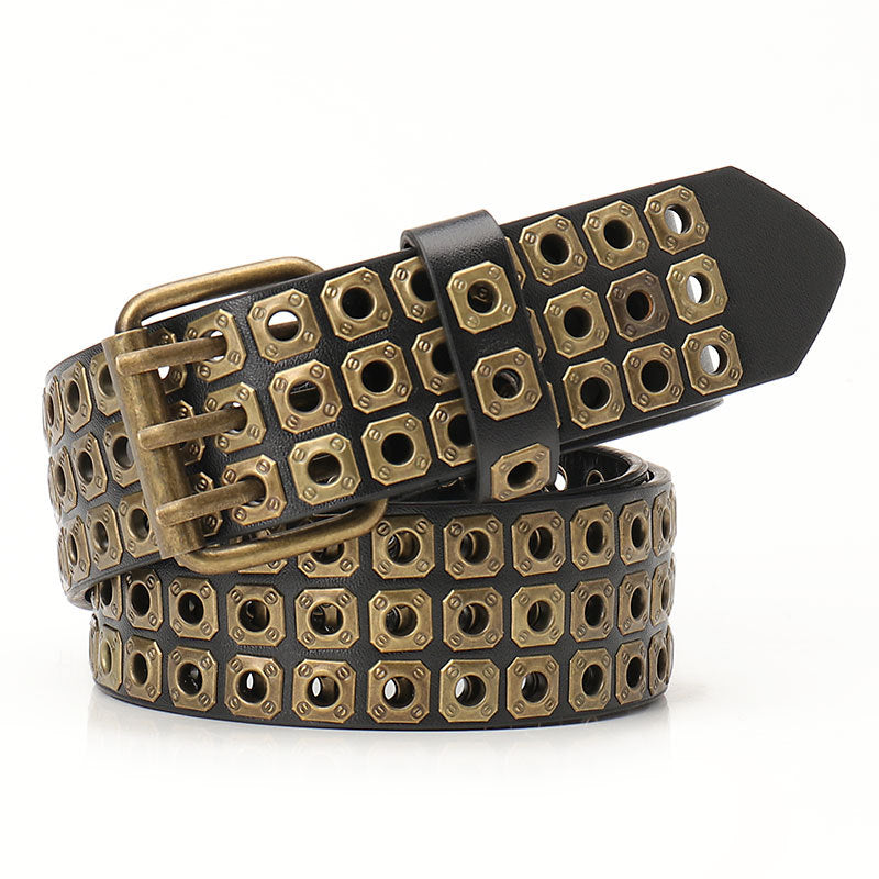 European and American belts, men's and women's unisex trends, special dark style, hollow rivet belts, female punk style, versatile jeans belts