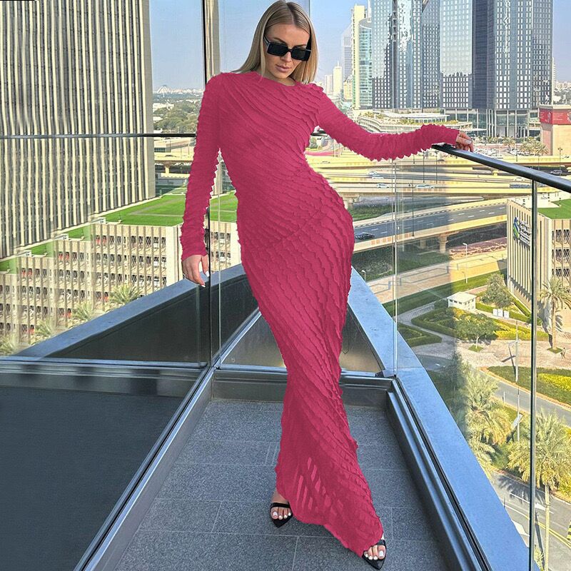 2023 Autumn New Arrivals European and American Hot Selling Women's Long Sleeve Skirts Fashion Temperament Slim Long Skirts Crew Neck Dresses Women