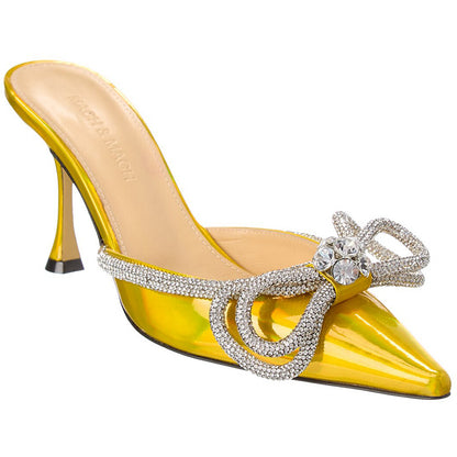 A kick of laser bow rhinestone high heel slippers, thin heels, pointed toe and half flip-flops, wearing a new European and American style