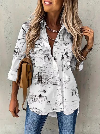 New 2024 European and American Women's Cross-border Western All-Season Versatile Pocket Loose Long Sleeve Lapel Plus Size Shirt