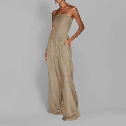 2026 spring new cross-border European and beautiful clothing temperament elegant solid color high-waisted bandeau wide-leg jumpsuit