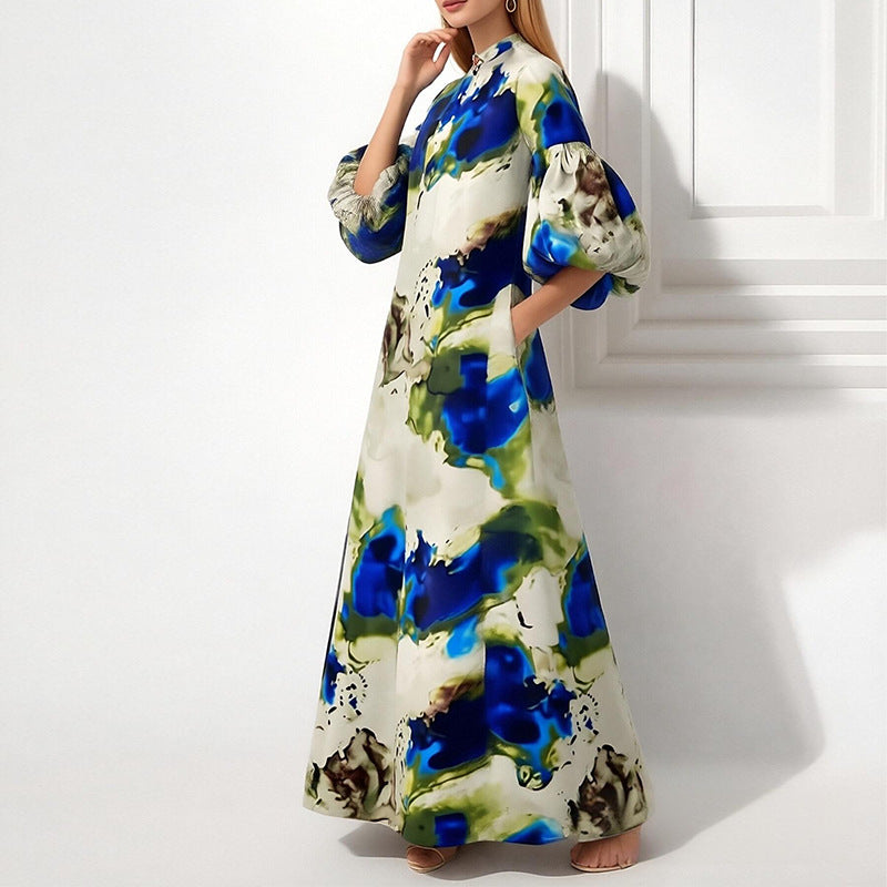 2026 New Foreign Trade European and American Clothing Temperament Loose Printed Painted Long Skirt Large Swing Puff Sleeve European and American Dress