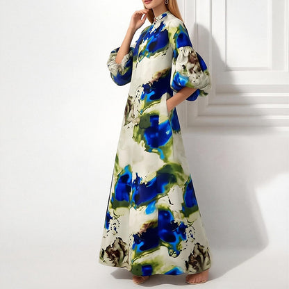 2026 New Foreign Trade European and American Clothing Temperament Loose Printed Painted Long Skirt Large Swing Puff Sleeve European and American Dress