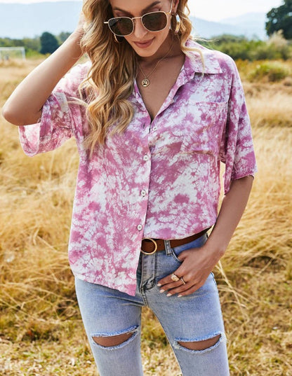 Cross-border Europe and the United States 2023 Amazon ebay Spring and Autumn New Loose Print Gradient Short Sleeve Shirt Top for Women