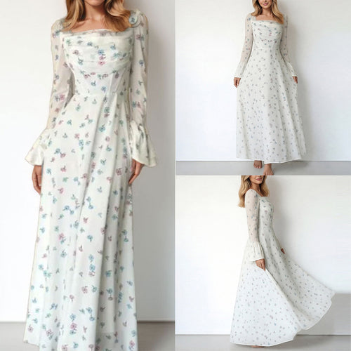Cross-border spring 2026 European and beautiful clothing temperament elegant floral pleated fairy waist flared sleeve women's fluttering dress
