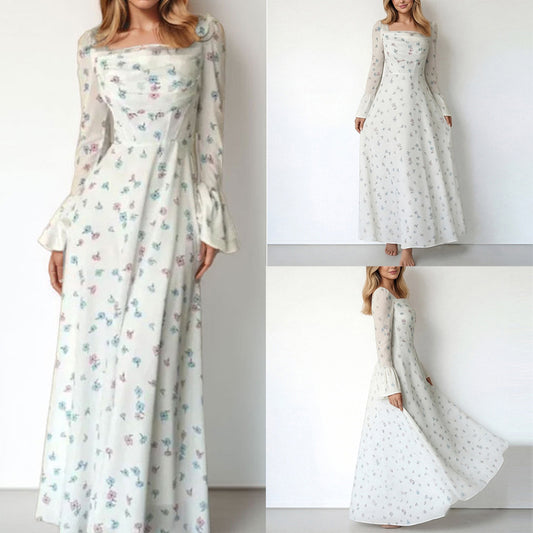 Cross-border spring 2026 European and beautiful clothing temperament elegant floral pleated fairy waist flared sleeve women's fluttering dress