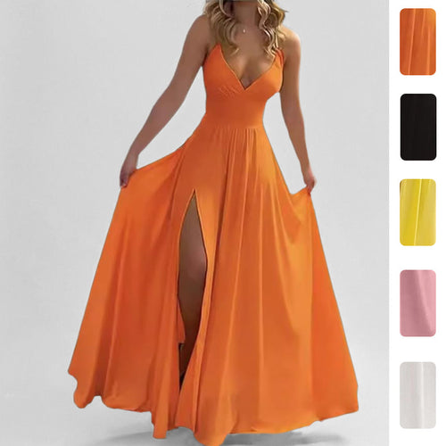 2026 Spring New European and American Cross-border Women's Fashion Solid Color Suspender Sexy Slim Slit Fungus Dress