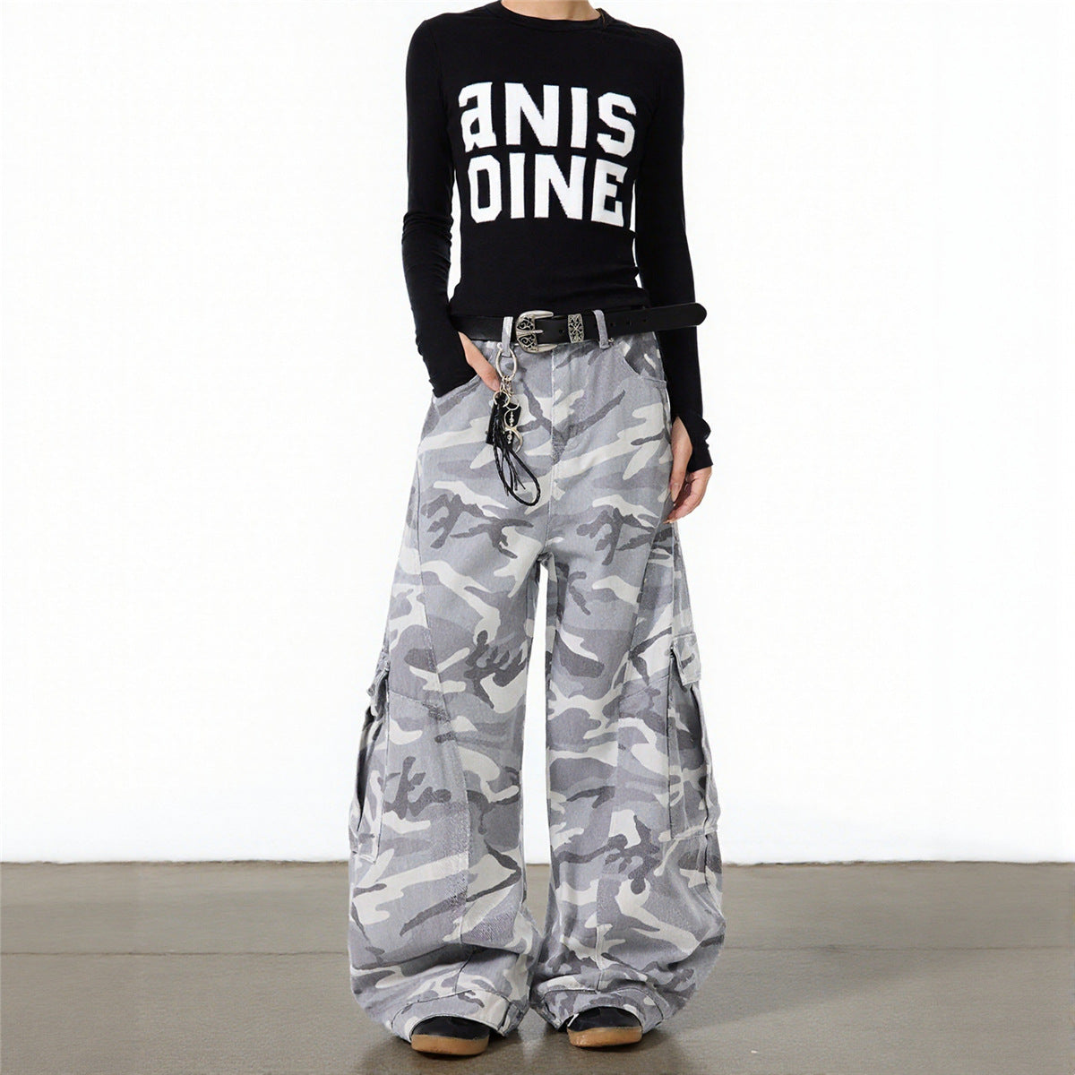 Neutral autumn and winter high street gray and white camouflage pants, plus size cargo pants, women's trendy brand loose and versatile straight wide-leg scimitar pants