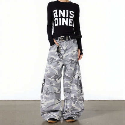 Neutral autumn and winter high street gray and white camouflage pants, plus size cargo pants, women's trendy brand loose and versatile straight wide-leg scimitar pants