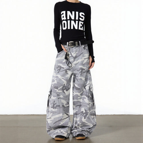 Neutral autumn and winter high street gray and white camouflage pants, plus size cargo pants, women's trendy brand loose and versatile straight wide-leg scimitar pants