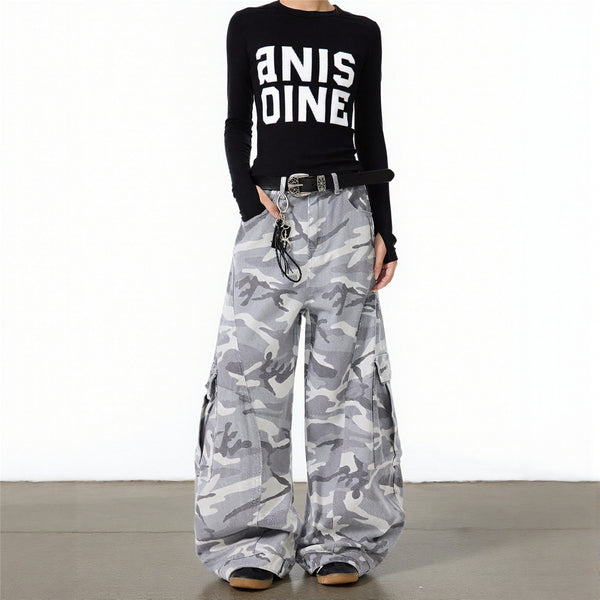 Neutral autumn and winter high street gray and white camouflage pants, plus size cargo pants, women's trendy brand loose and versatile straight wide-leg scimitar pants