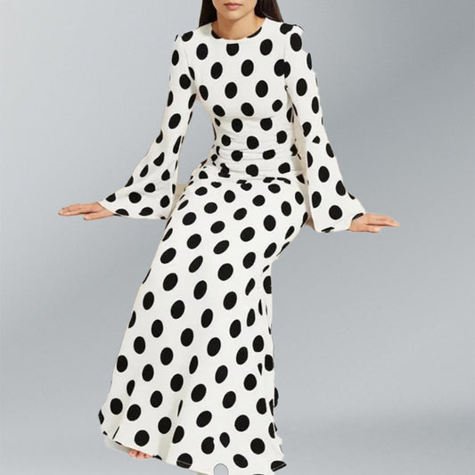 2025 Spring New European and American Style Women's New Women's Waist Ruffled Hem Lace-up Long Sleeve Large Swing Dress