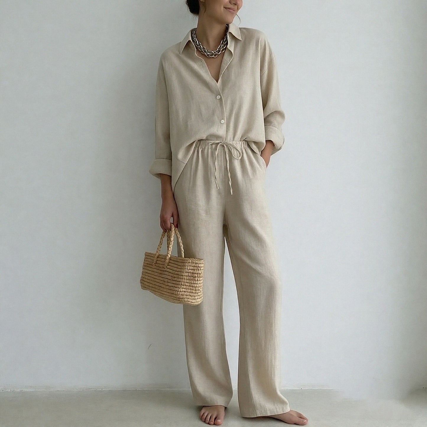 Amazon's spring 2025 European and American cross-border new temperament loose wide-leg pants shirt fashion casual suit 661