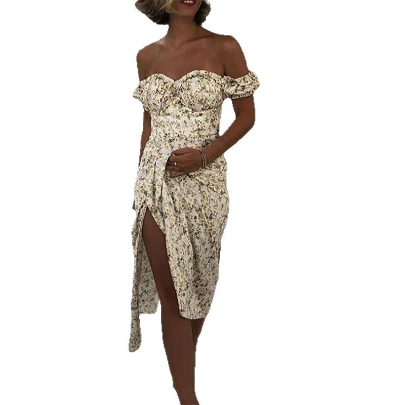 2026 spring new European and American cross-border women's clothing wish temperament commuting high slit fungus edge floral dress