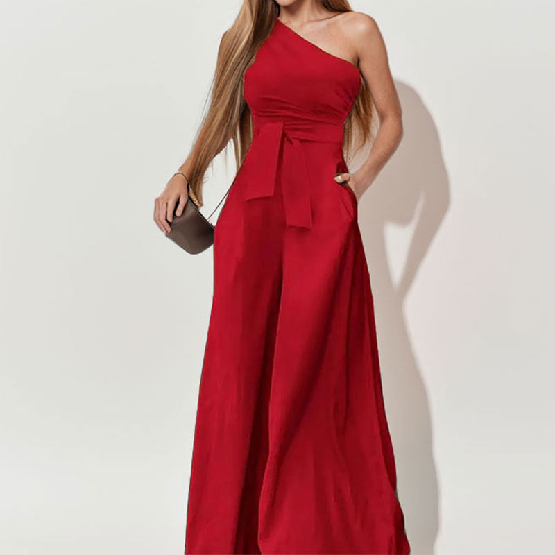 Cross-border foreign trade European and American clothing 2026 new solid color cross-collar off-shoulder lace-up high-waisted wide-leg European and American jumpsuit for women