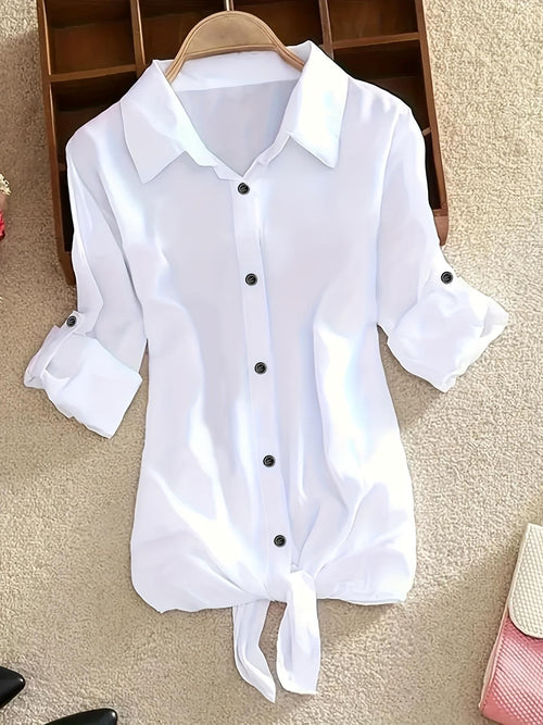 Cross-border European and American solid color shirt, long sleeve, lapel casual button, women's business style shirt