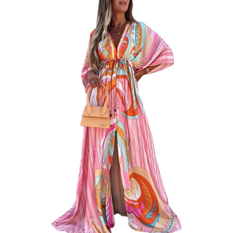 2026 foreign trade European and American wish spring new cross-border resort style V-neck slim print printed and dyed long dress