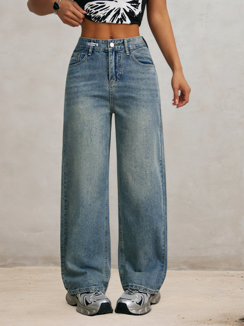 Retro Korean wide-leg jeans women's autumn and winter high-waisted loose slimming straight-leg long pants European and American street style
