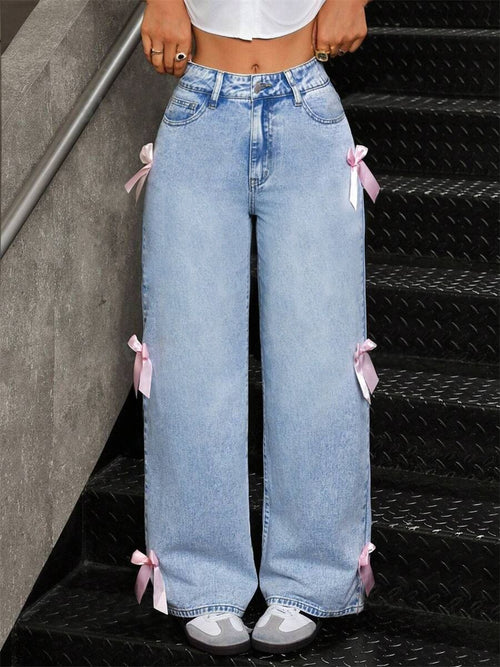 y2k street hottie bow collage washed jeans loose straight wide-leg trousers ins high waist slimming