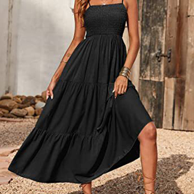 Cross-border summer European and American new Amazon women's solid color bandeau waist ruffle slip dress women's 661