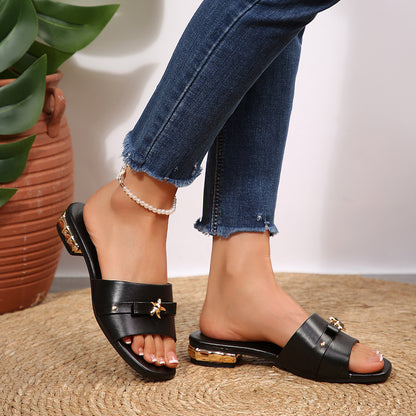 European and American cross-border foreign trade wholesale high-heeled sandals for women, elegant versatile metal decorative buttoned square-toe sandals