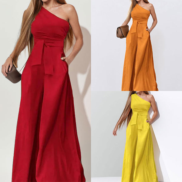 Cross-border foreign trade European and American clothing 2026 new solid color cross-collar off-shoulder lace-up high-waisted wide-leg European and American jumpsuit for women | Ciaura