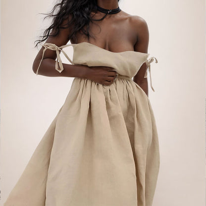 Vestido de verão feminino transfronteiriço europeu e americano primavera 2025, elegante, sexy, com alças e costas nuas, estilo amazónico.