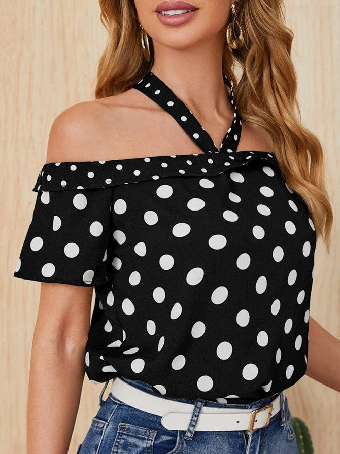 Spot cross-border 2024 Europe, America, Amazon spring and summer new polka dot one-shoulder streamer halterneck shirt top for women