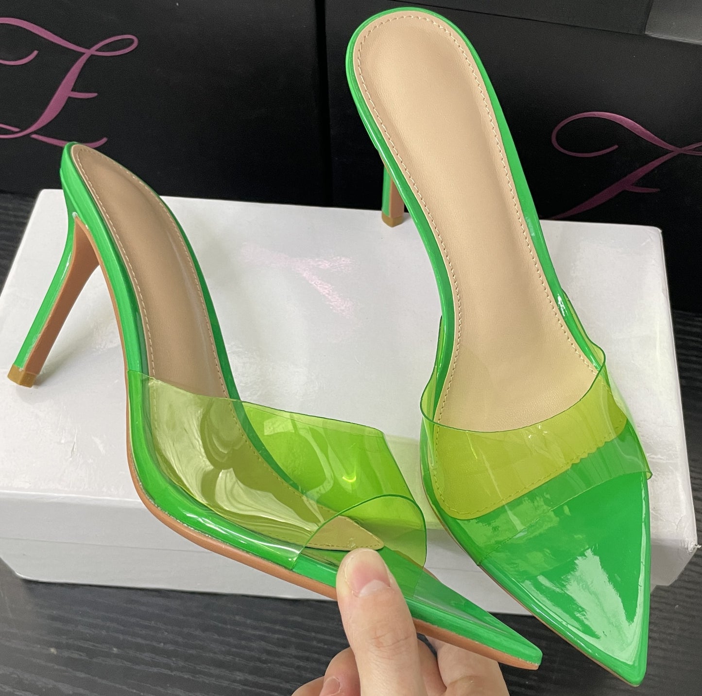 WO Huizhou New European and American Shoes Simple Nude Transparent One-Line High Heels Thin Heels Pointed Toes Are Not Tiring Feet and Versatile