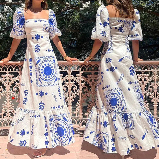 2026 AliExpress European and American clothing temperament elegant fashion printed lantern short sleeve A-line large swing European and American dress