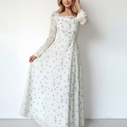 Cross-border spring 2026 European and beautiful clothing temperament elegant floral pleated fairy waist flared sleeve women's fluttering dress