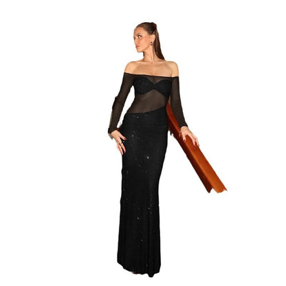 Cross-border wholesale European and American clothing 2025 spring new ladie style sexy see-through hot diamond slim mesh dress