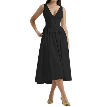 2026 independent station new European and American clothing temperament elegant and fashionable open back printed suspender sexy European and American dress