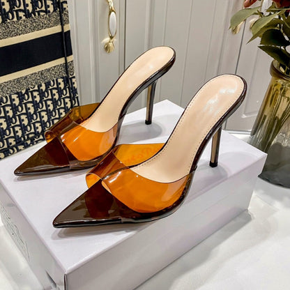 YX Transparent Heeled Sandals Women's 2026 Summer New Fashion Stiletto Heel Pointed Toe Sexy Open Toe Slippers Wear Outside