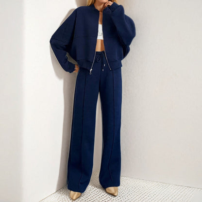 Spring 2026 new European and American cross-border women's fashion solid color zipper cardigan lace-up sweatshirt casual straight-leg trouser cover