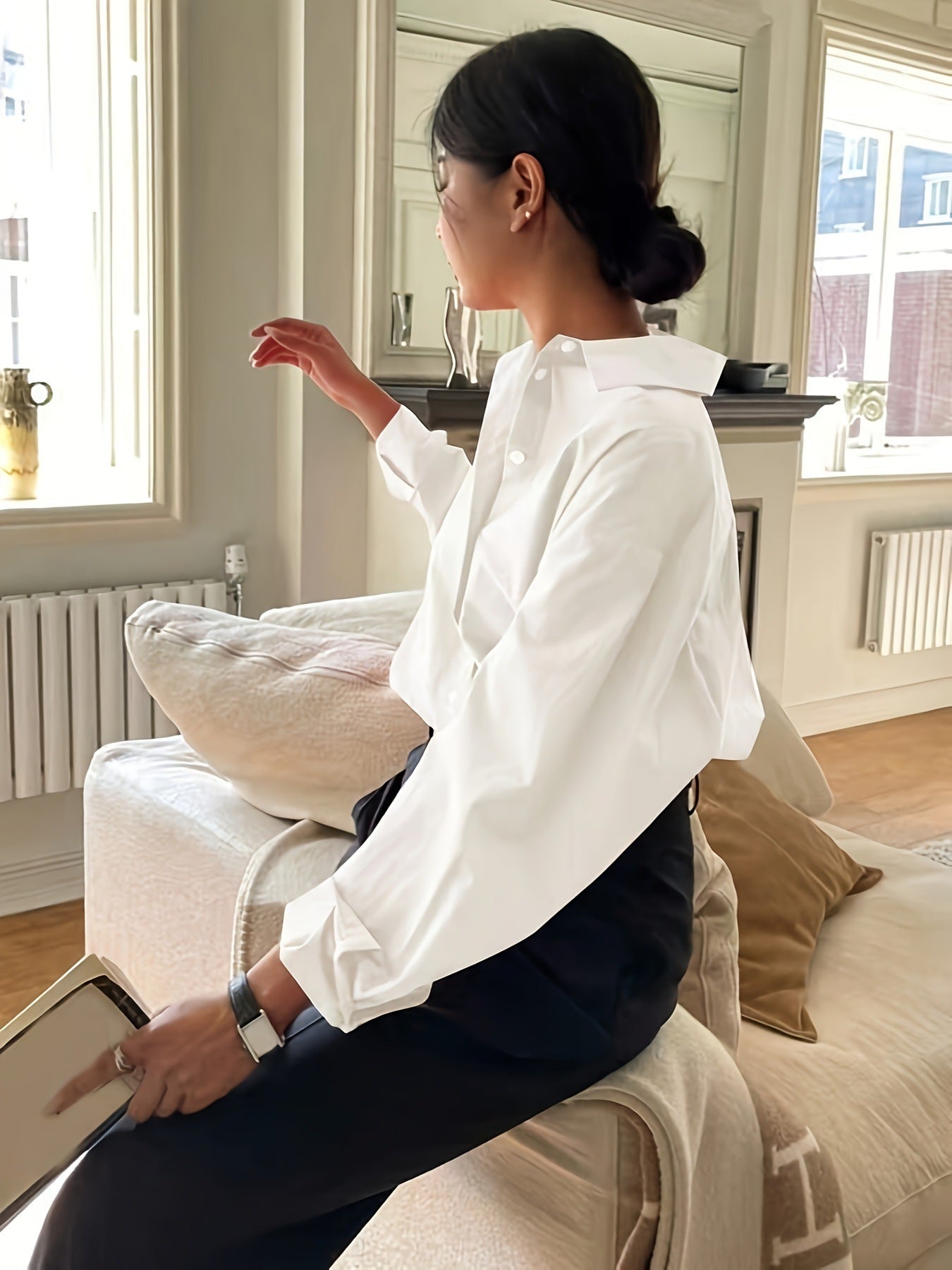 European and American cross-border new long-sleeved minimalist women's shirt cotton poplin long-sleeved lapel versatile loose shirt