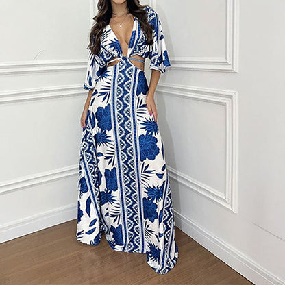 Spring 2026 New Amazon European Women's Fashion Print Sexy Deep V Waistless Strap Dress 661