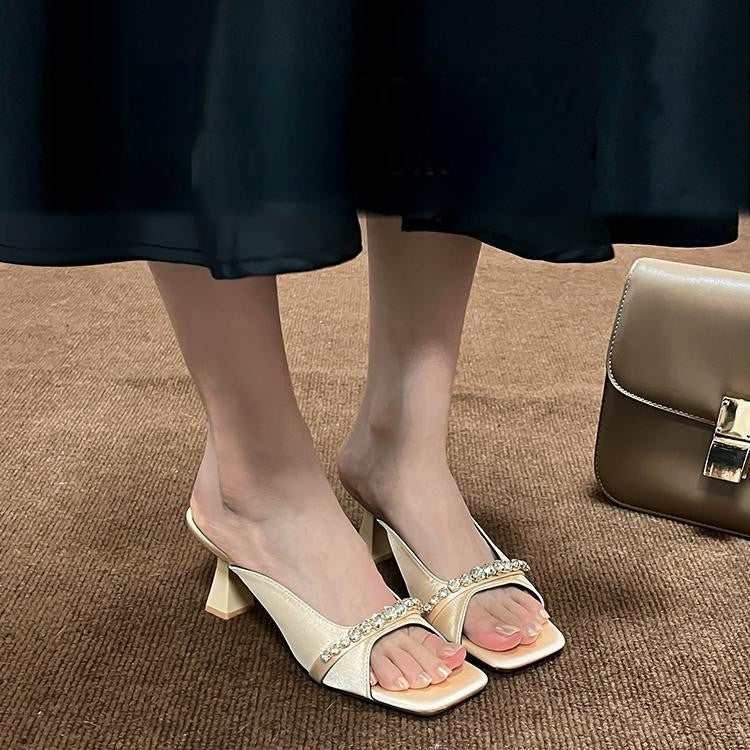 YX square-toed French open-toe high heels female small fragrance style with skirt rhinestone fairy wear temperament thick heel sandals