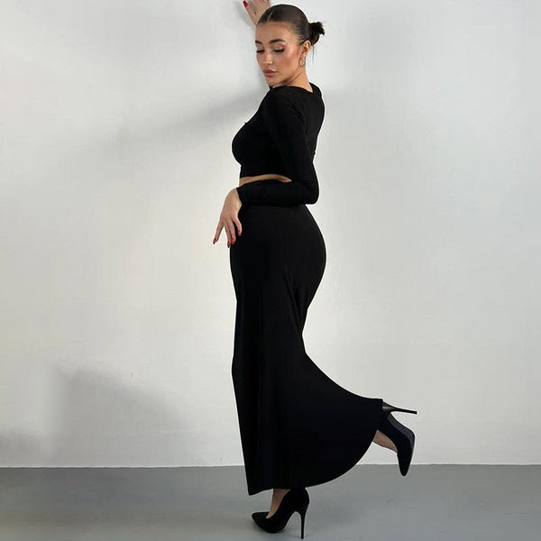Cross-border women's clothing, Europe, America, Amazon, autumn, new round neck, long sleeve crop top, slim fit, hip-hugging skirt set