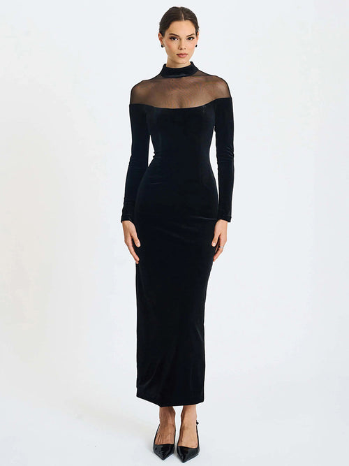 Foreign trade autumn and winter new European and beautiful women's clothing Hepburn-style velvet spliced mesh sexy see-through long-sleeved hip-hugging dress