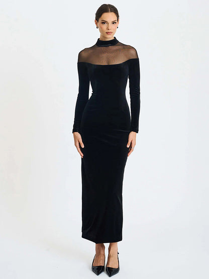 Foreign trade autumn and winter new European and beautiful women's clothing Hepburn-style velvet spliced mesh sexy see-through long-sleeved hip-hugging dress