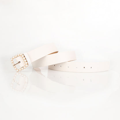 The square-shaped buckle pearl belt is fashionable and versatile, and the sweet and cute women's belt is fashionable and elegant, and the outfit is matched