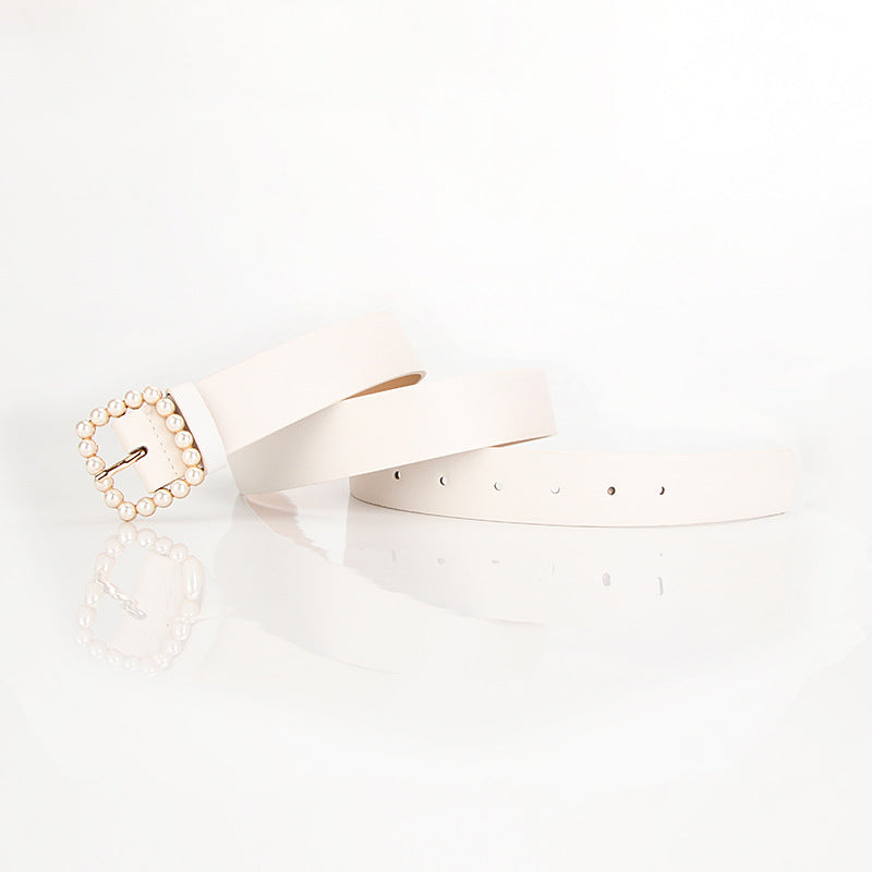 The square-shaped buckle pearl belt is fashionable and versatile, and the sweet and cute women's belt is fashionable and elegant, and the outfit is matched
