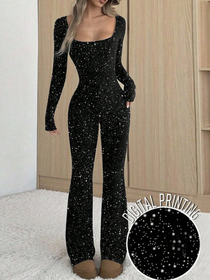 European and American autumn and winter new European and American women's fashion U-neck hot silver design temperament long-sleeved slim hip jumpsuit women