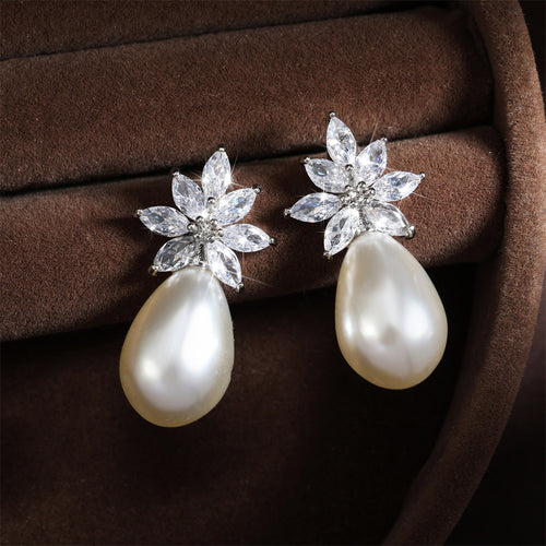 Cross-border bestseller: floral water drop faux pearl stud earrings with diamonds and zircon earrings, light luxury high-end accessories, wedding banquets